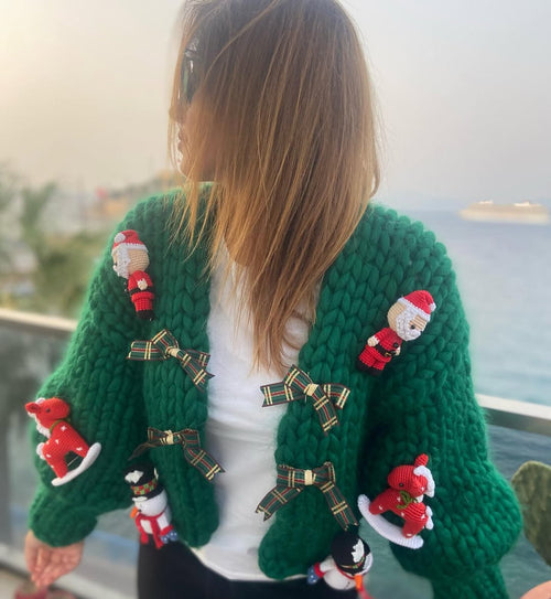 Handmade Chunky Knit Christmas Cardigan – Santa & Reindeer Sweater